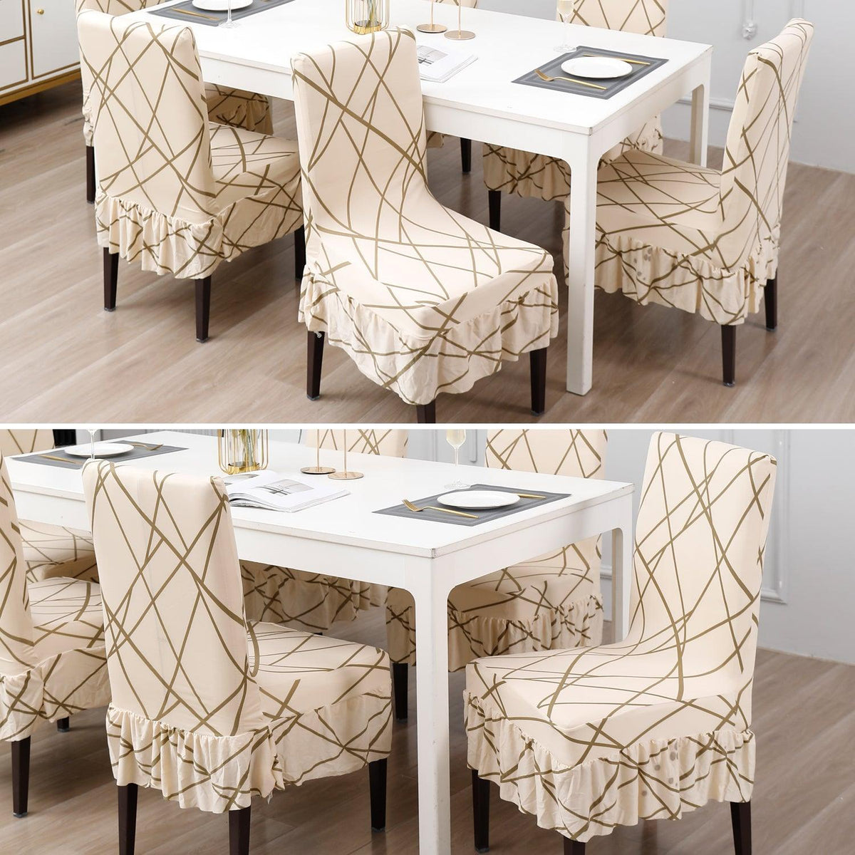 Buy Beige Abstract Line Dining Chair Cover With Frill| HOKIPO