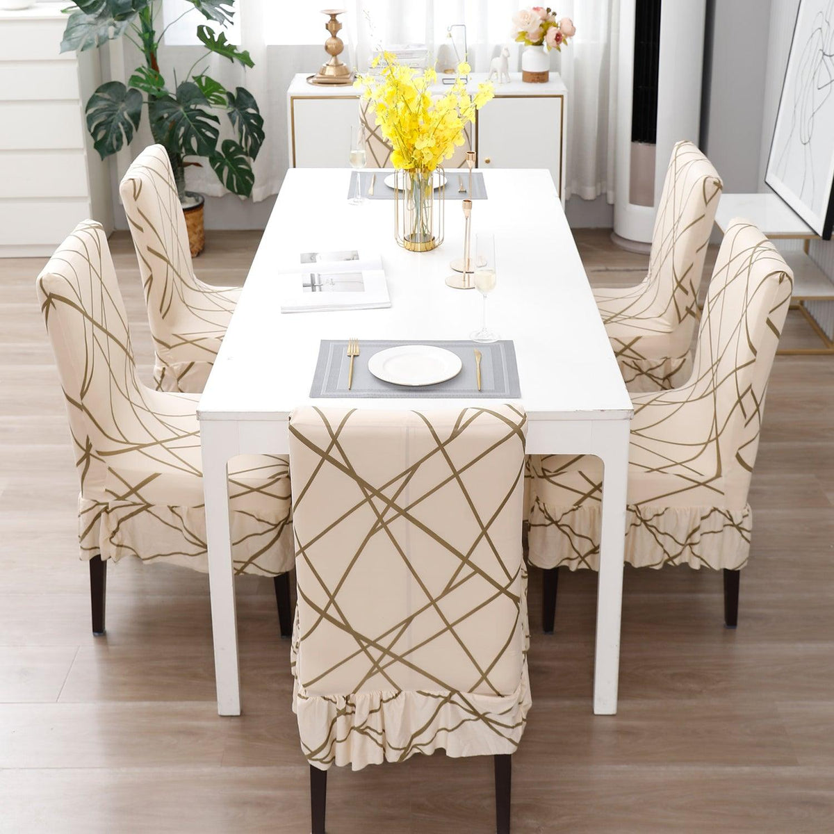 Buy Beige Abstract Line Chair Cover With Frill - Set Of 1/2/4/6 | HOKIPO