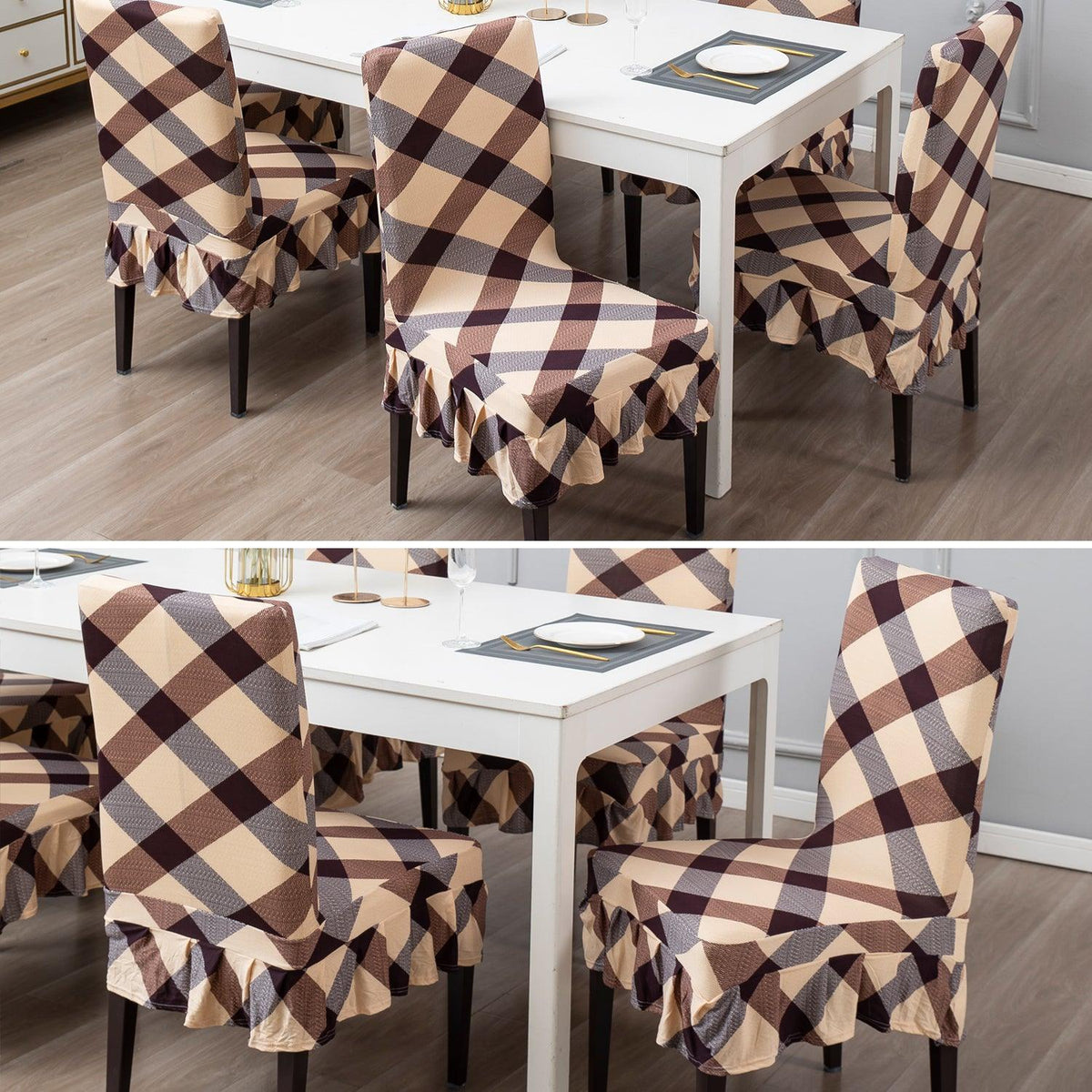 Buy Beige Checks Dining Chair Cover Set With Frill | HOKIPO