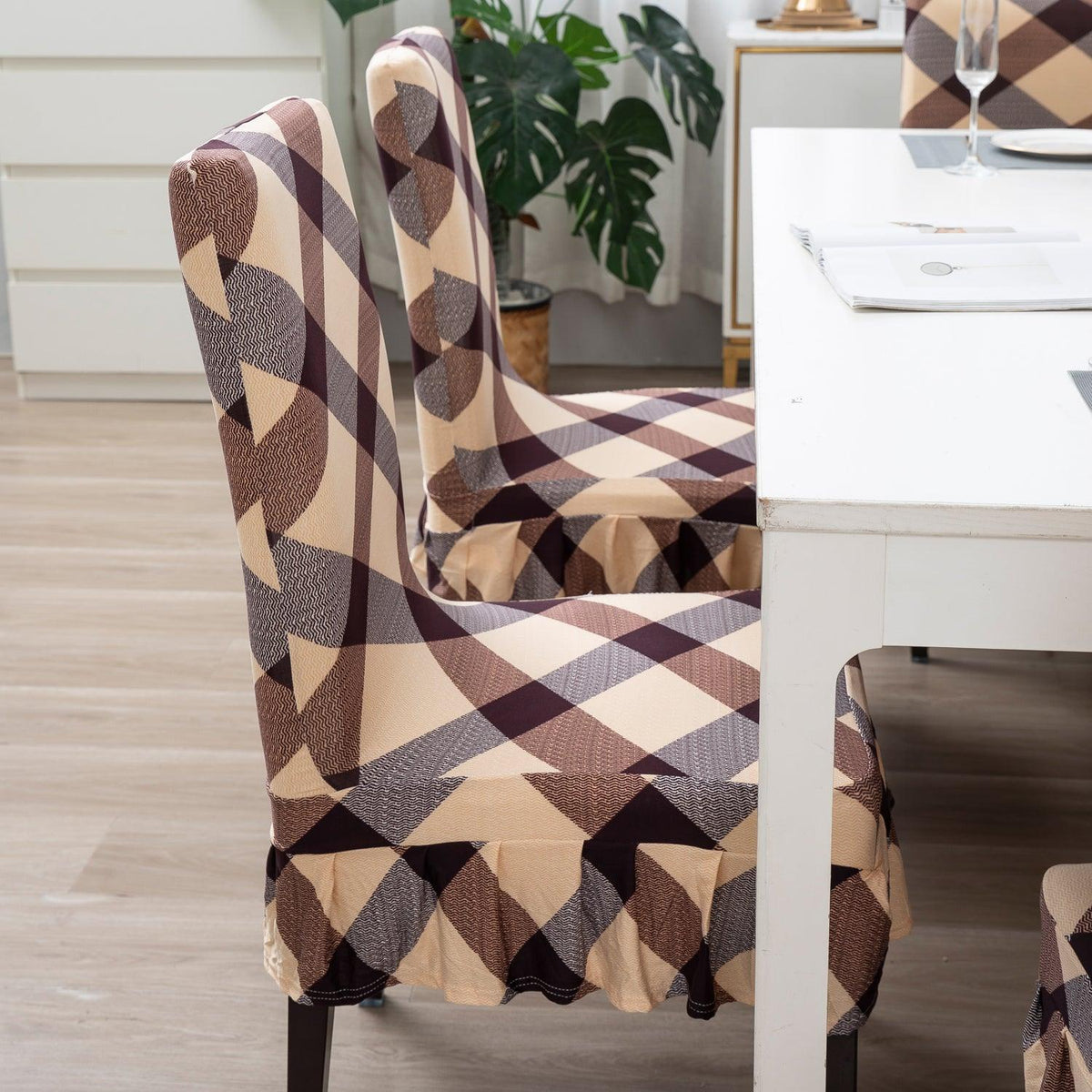 Buy Beige Checks Dining Chair Cover With Frill | HOKIPO