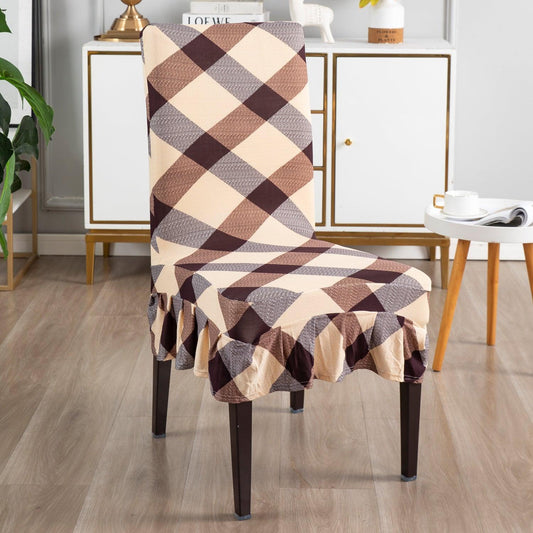 Elastic Stretchable Dining Chair Cover with Frill, Beige Checks - HOKIPO | Har Ghar ka Humsafar