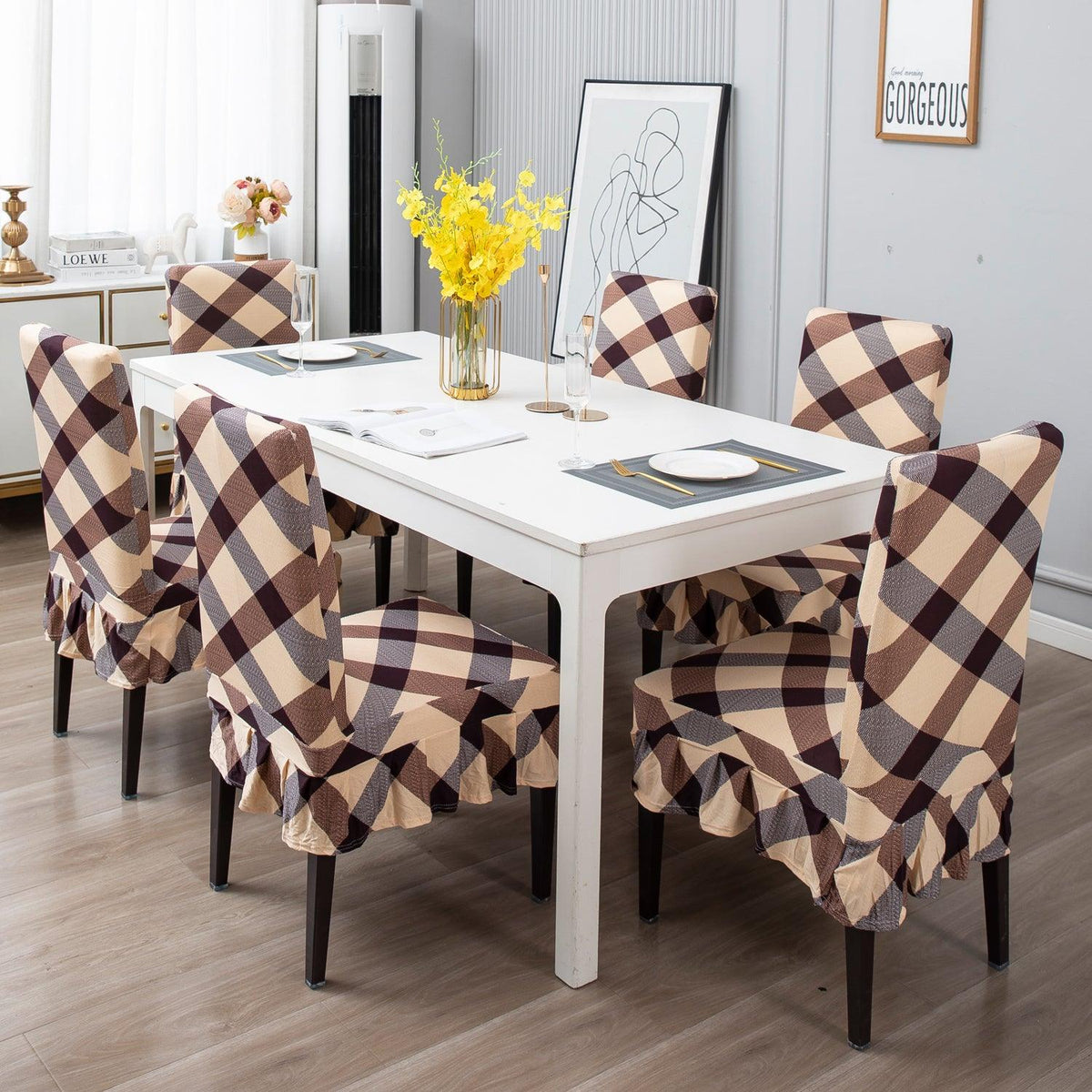 Buy Beige Checks Dining Chair Cover With Frill | HOKIPO