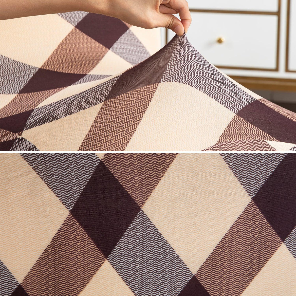 Buy Beige Checks Stretchable Chair Cover With Frill | HOKIPO