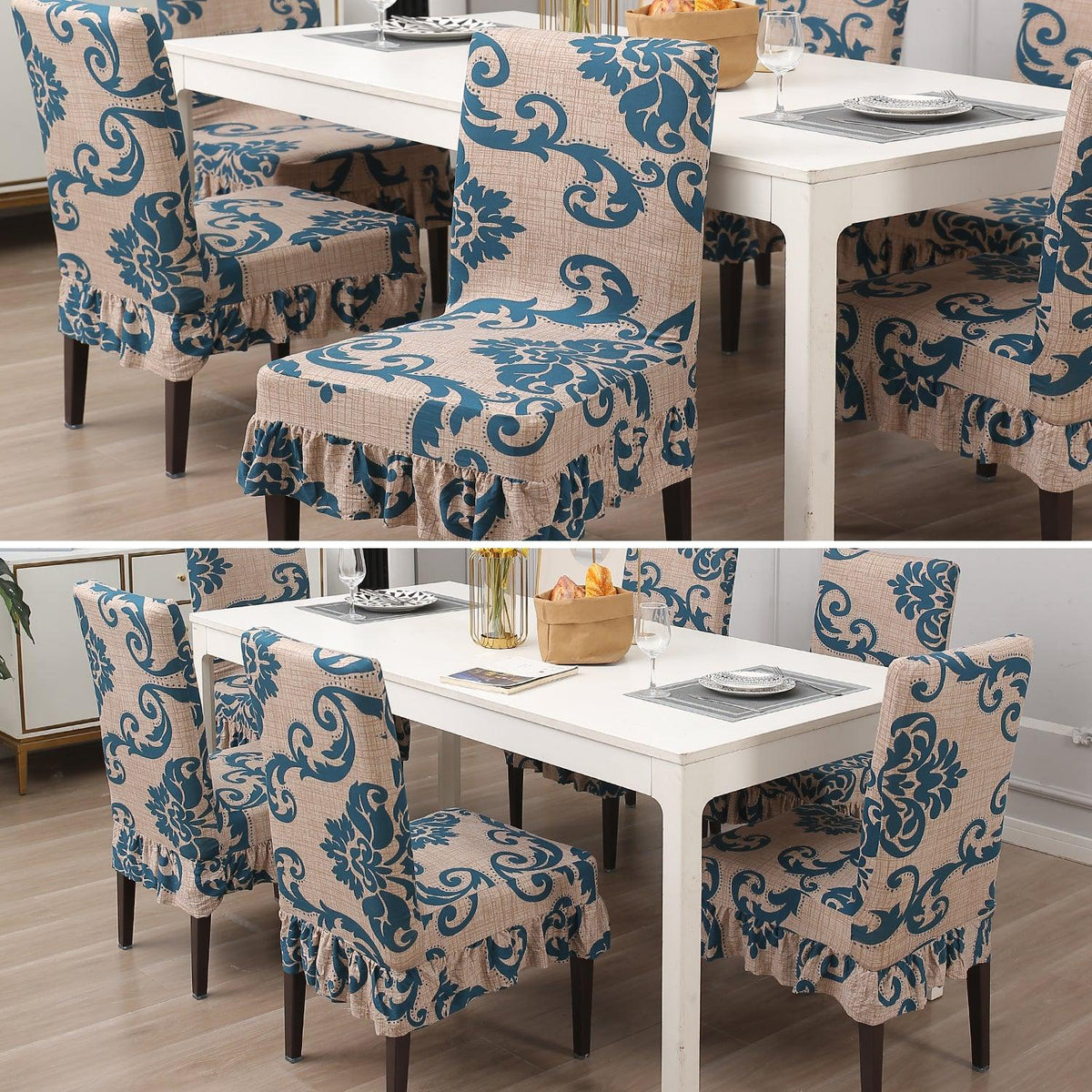 Buy Beige Damask Dining Chair Cover Set With Frill | HOKIPO