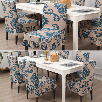 Elastic Stretchable Dining Chair Cover with Frill, Beige Damask - HOKIPO | Har Ghar ka Humsafar