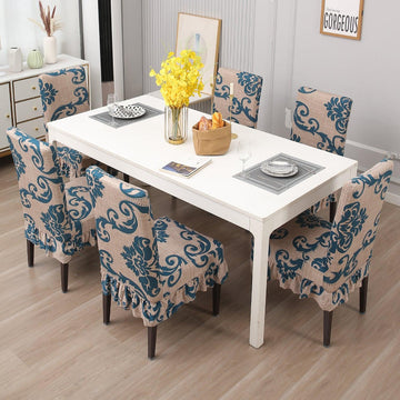 Elastic Stretchable Dining Chair Cover with Frill, Beige Damask - HOKIPO | Har Ghar ka Humsafar
