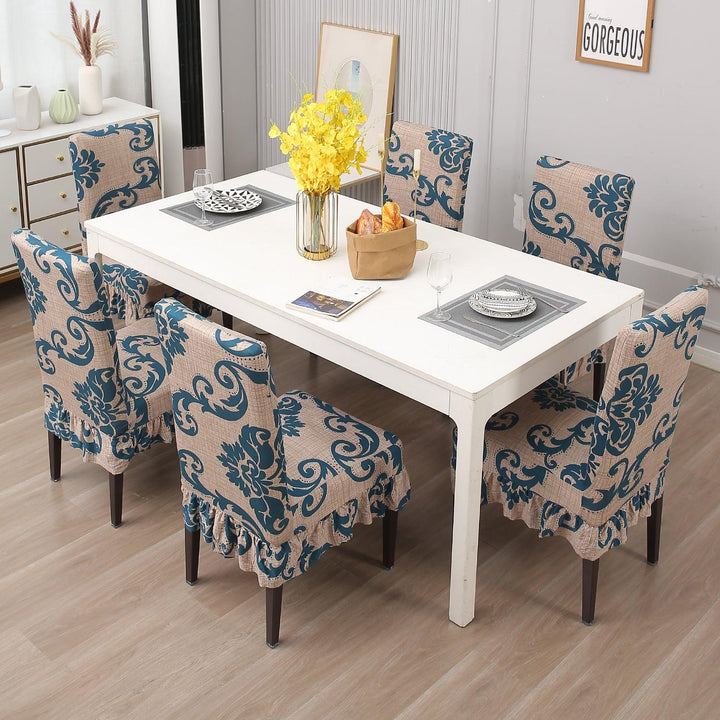 Elastic Stretchable Dining Chair Cover with Frill, Beige Damask - HOKIPO | Har Ghar ka Humsafar