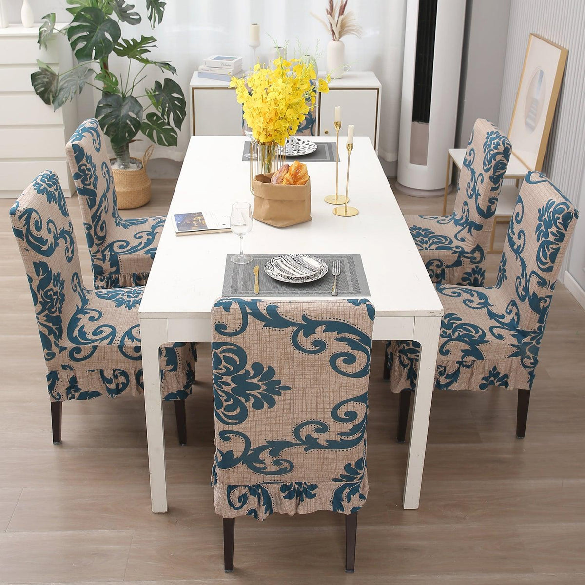 Buy Beige Damask Dining Table Chair Cover With Frill | HOKIPO