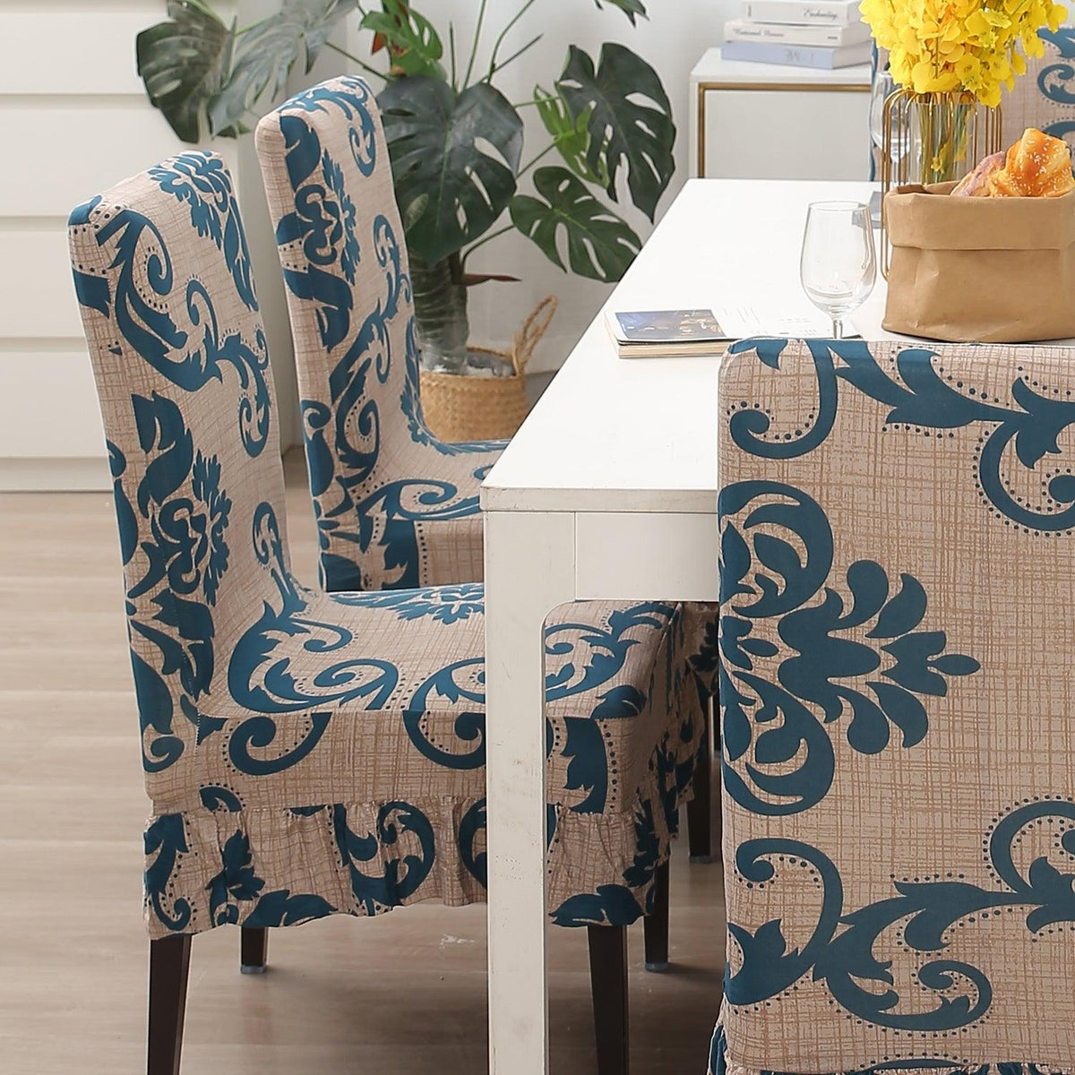 Buy Beige Damask Dining Chair Cover With Frill | HOKIPO