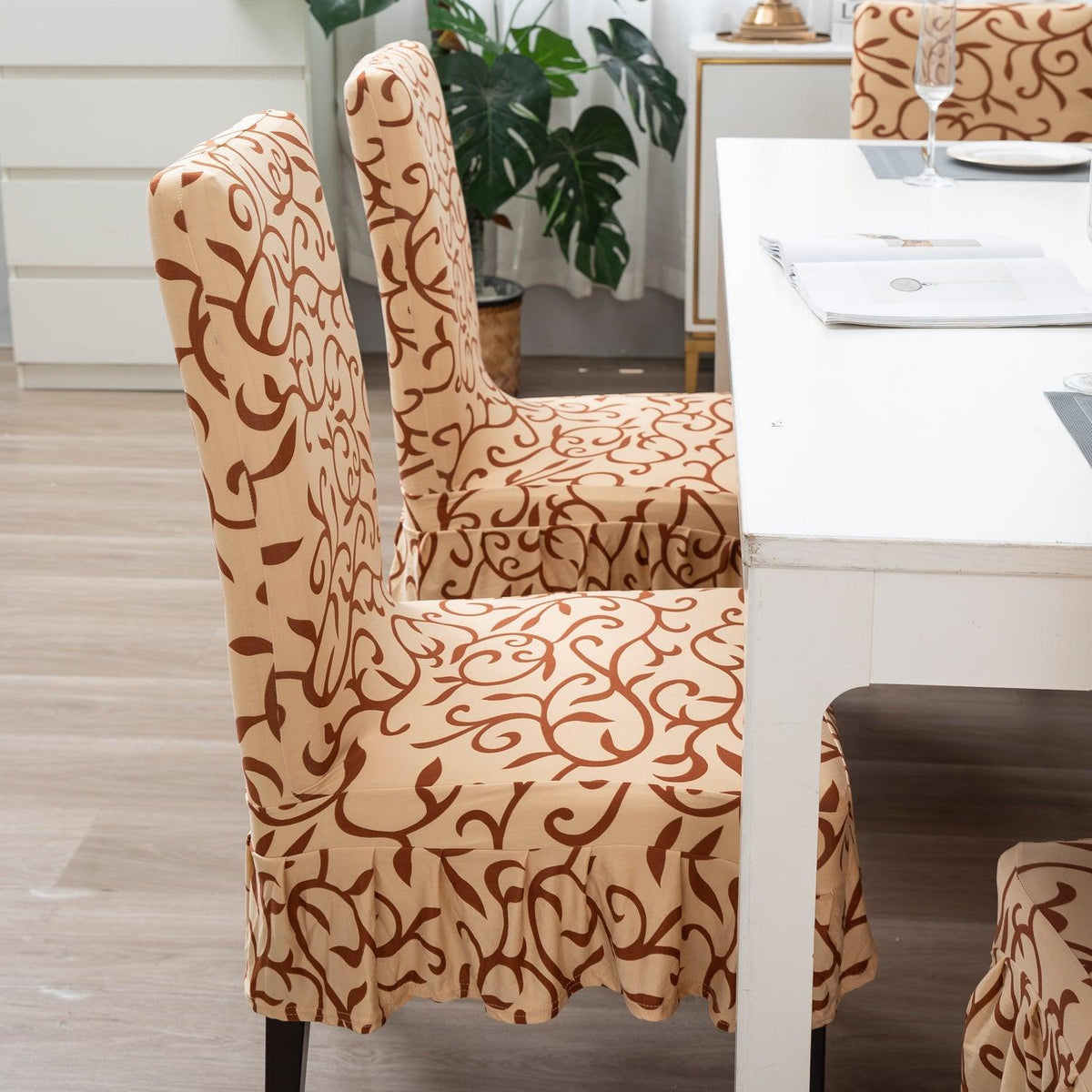 Buy Beige Vines Print Dining Chair Cover With Frill - Set Of 2 | HOKIPO