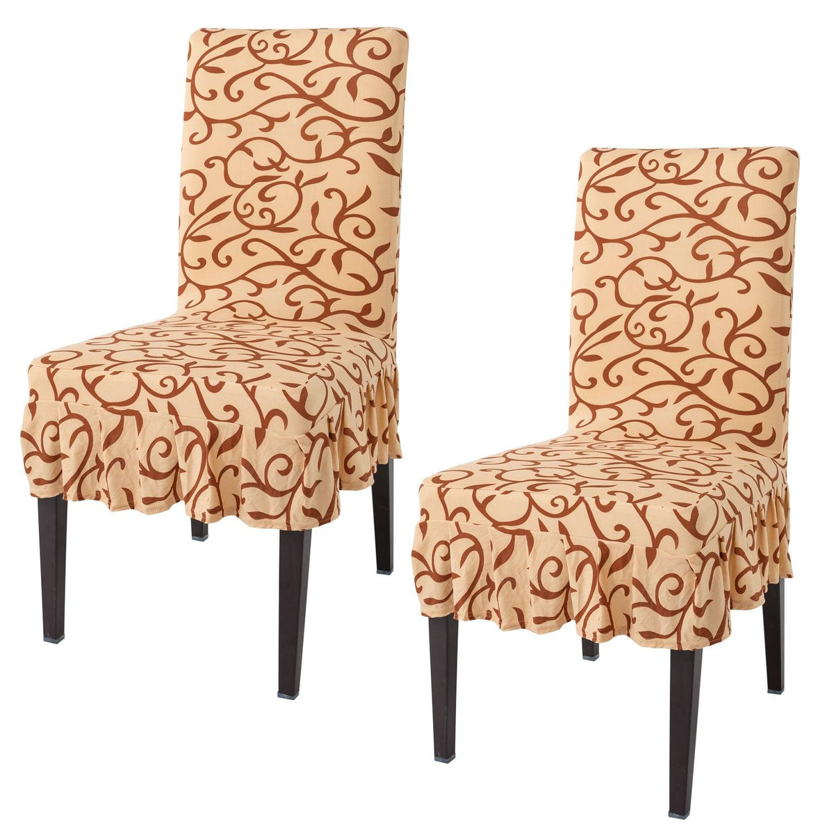 Elastic Stretchable Dining Chair Cover with Frill, Beige Vines - HOKIPO | Har Ghar ka Humsafar