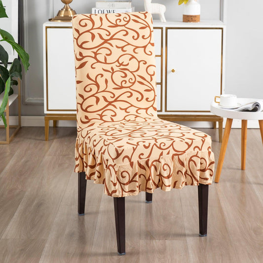 Elastic Stretchable Dining Chair Cover with Frill, Beige Vines - HOKIPO | Har Ghar ka Humsafar