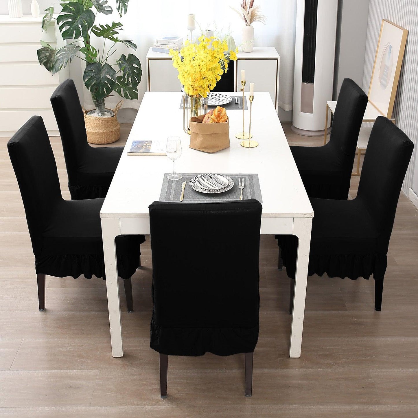 Elastic Stretchable Dining Chair Cover with Frill, Black - HOKIPO | Har Ghar ka Humsafar