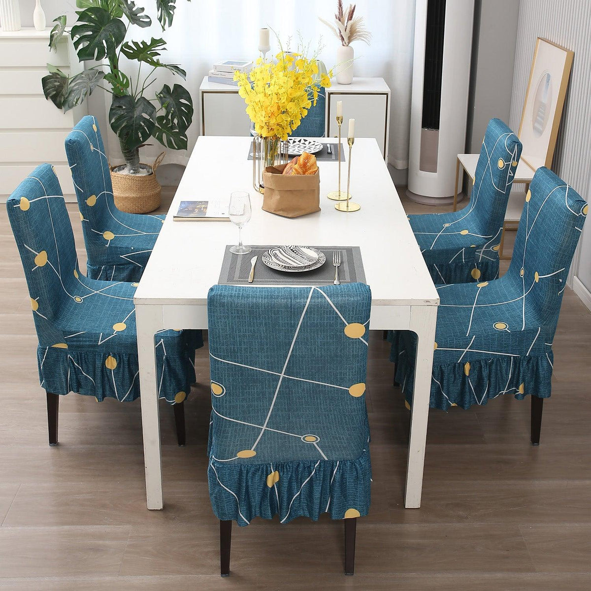 Buy Blue Constellation Dining Chair Cover With Frill - Set Of 1/2/4/6 | HOKIPO