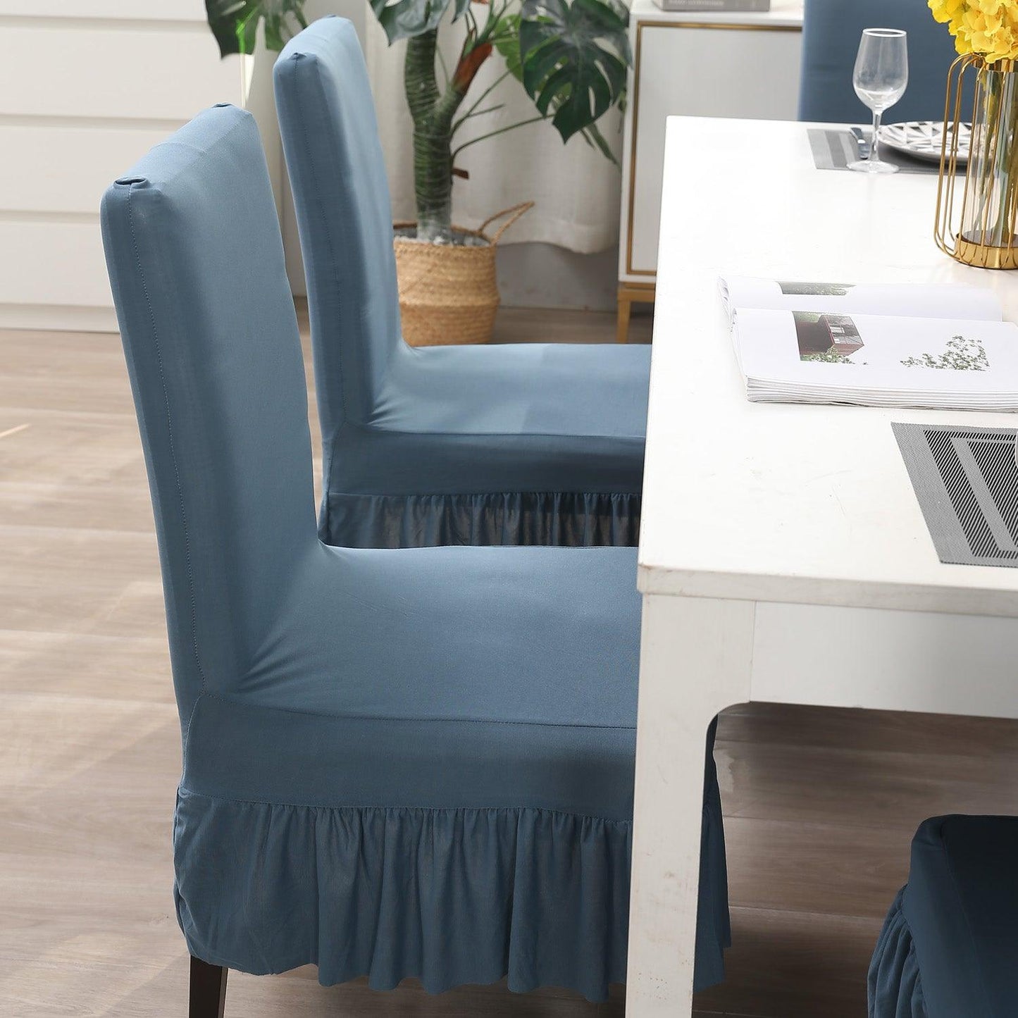 Elastic Stretchable Dining Chair Cover with Frill, Bluish Grey - HOKIPO | Har Ghar ka Humsafar