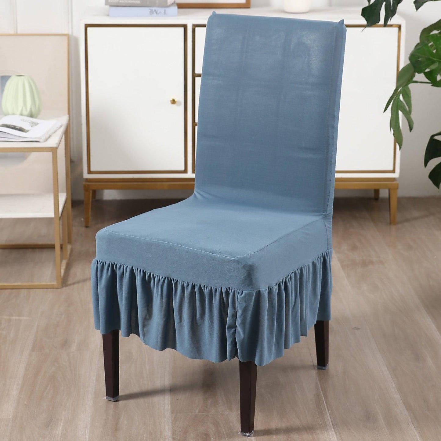 Elastic Stretchable Dining Chair Cover with Frill, Bluish Grey - HOKIPO | Har Ghar ka Humsafar