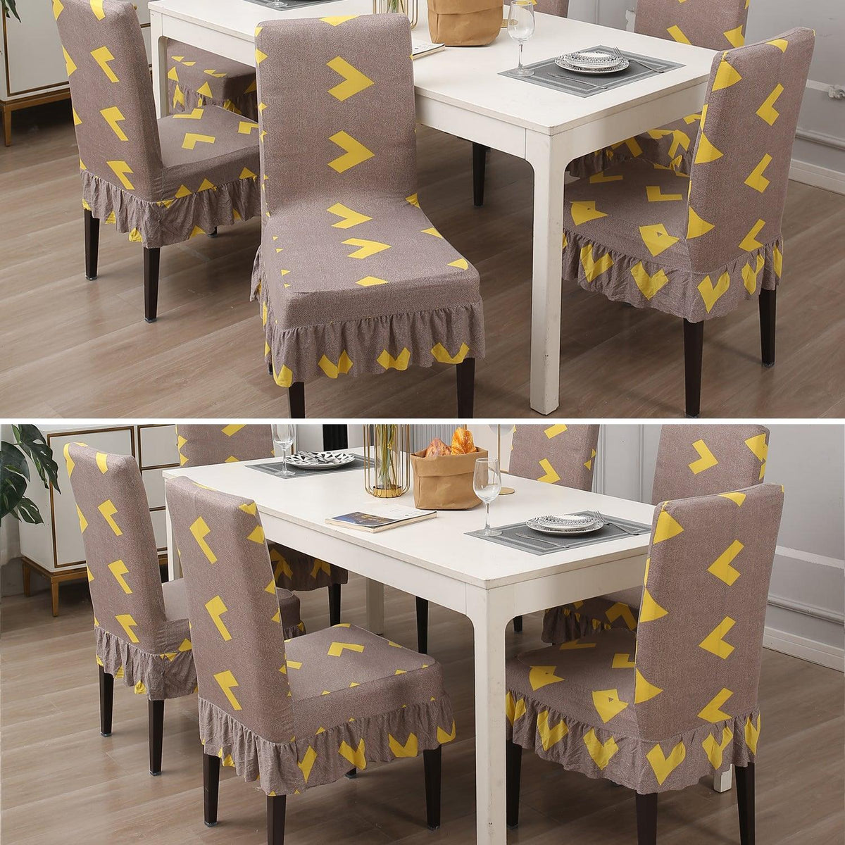 Buy Brown Arrow Dining Chair Cover Set With Frill | HOKIPO