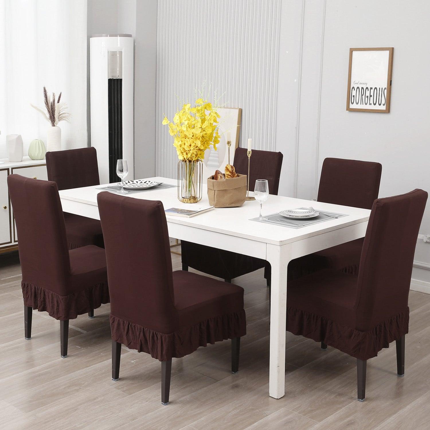 Elastic Stretchable Dining Chair Cover with Frill, Chocolate Brown - HOKIPO | Har Ghar ka Humsafar