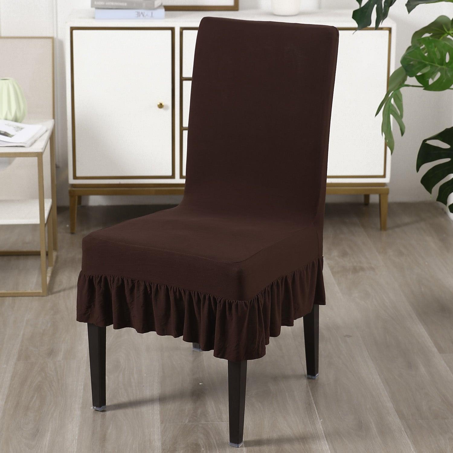 Elastic Stretchable Dining Chair Cover with Frill, Chocolate Brown - HOKIPO | Har Ghar ka Humsafar
