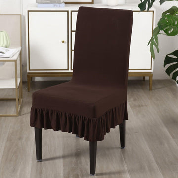 Elastic Stretchable Dining Chair Cover with Frill, Chocolate Brown - HOKIPO | Har Ghar ka Humsafar