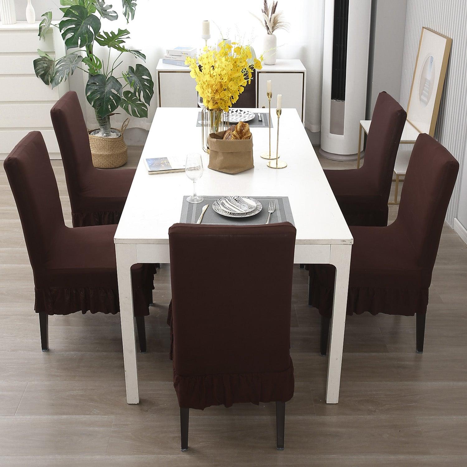 Elastic Stretchable Dining Chair Cover with Frill, Chocolate Brown - HOKIPO | Har Ghar ka Humsafar