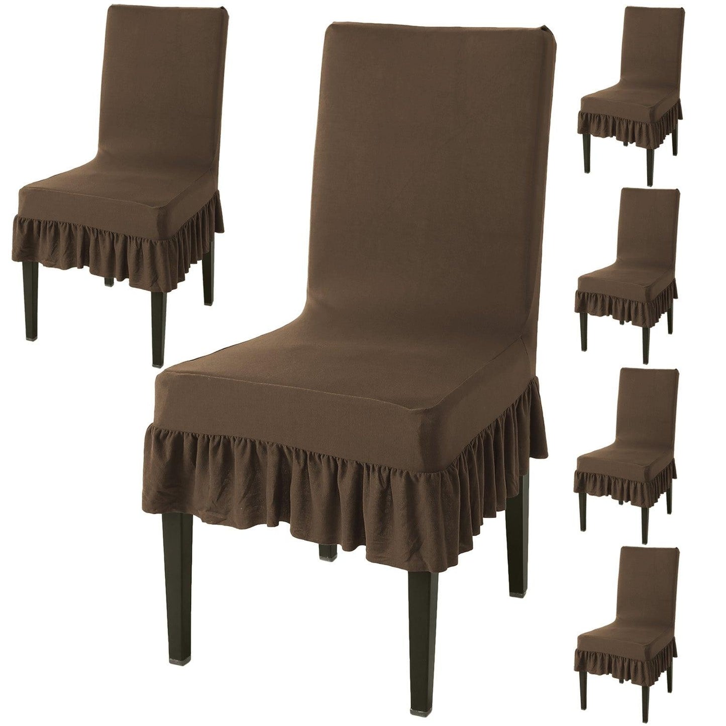 Elastic Stretchable Dining Chair Cover with Frill, Coffee Brown - HOKIPO | Har Ghar ka Humsafar