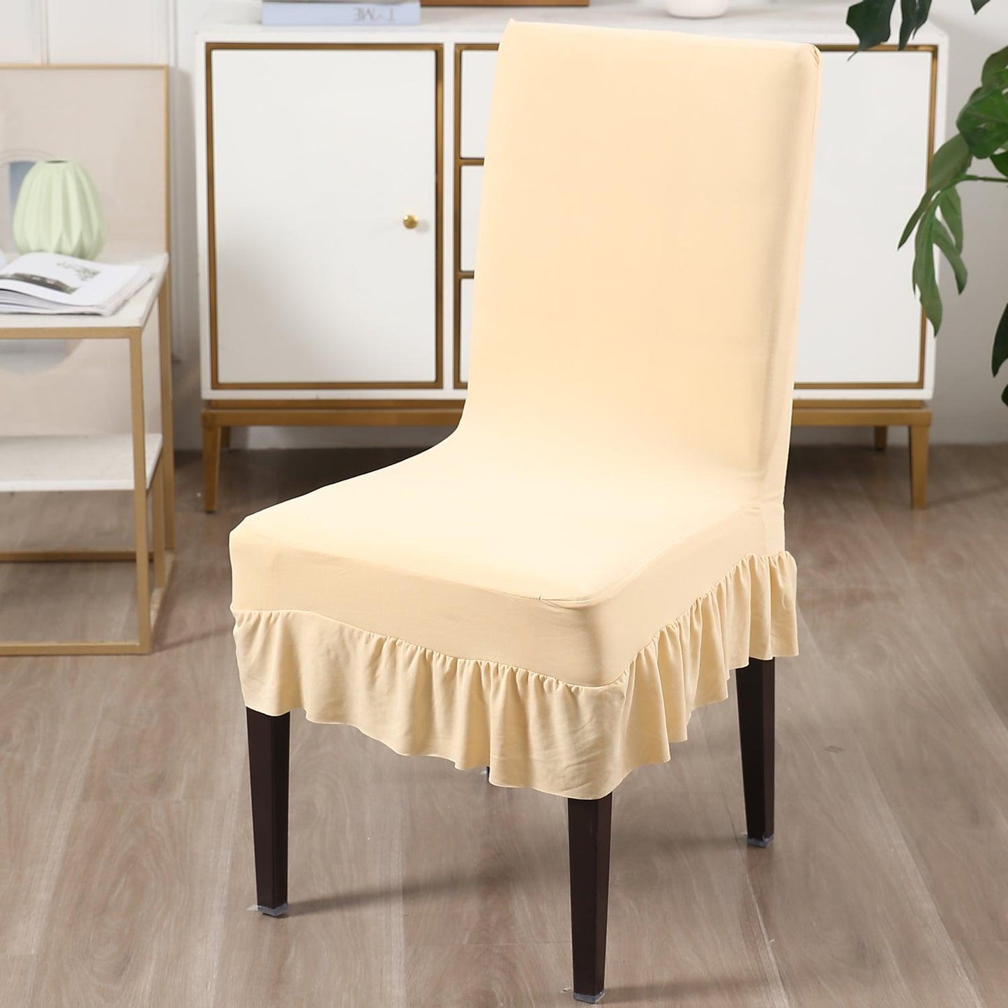 Elastic Stretchable Dining Chair Cover with Frill, Cream - HOKIPO | Har Ghar ka Humsafar