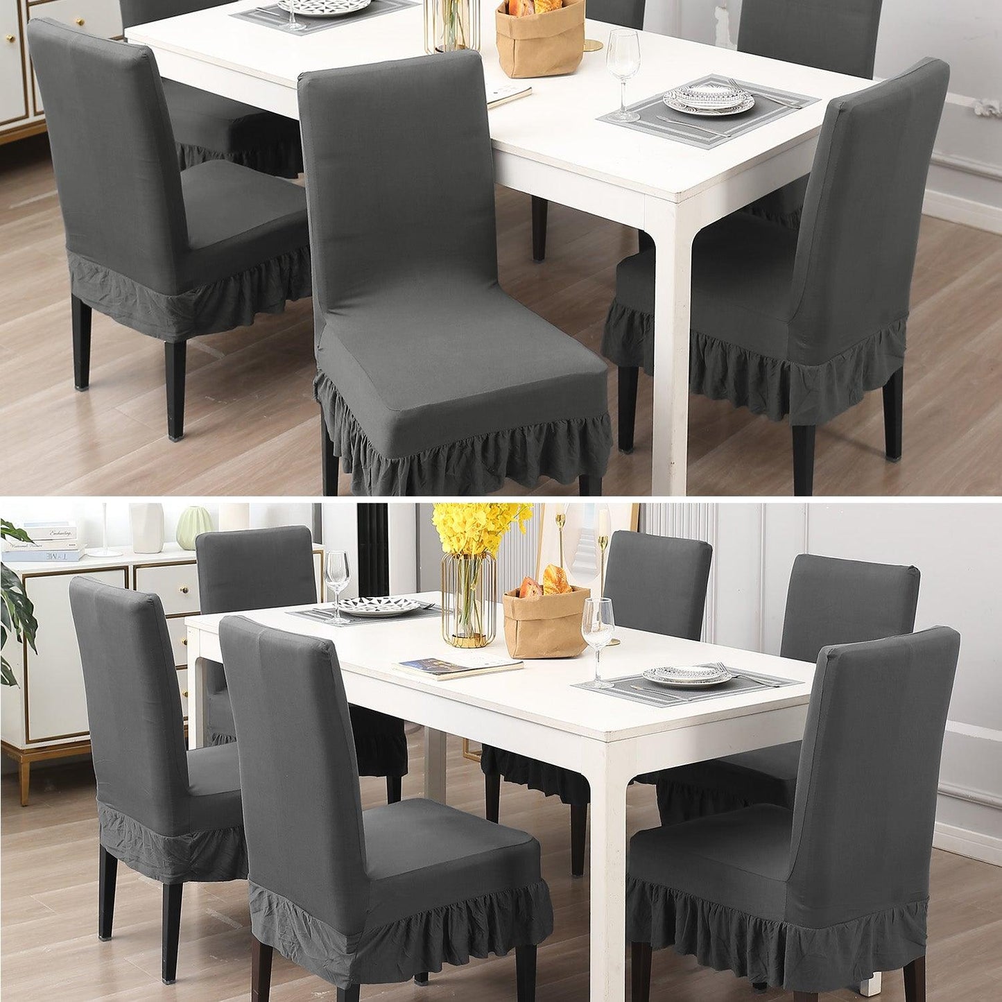 Elastic Stretchable Dining Chair Cover with Frill, Fossil Grey - HOKIPO | Har Ghar ka Humsafar