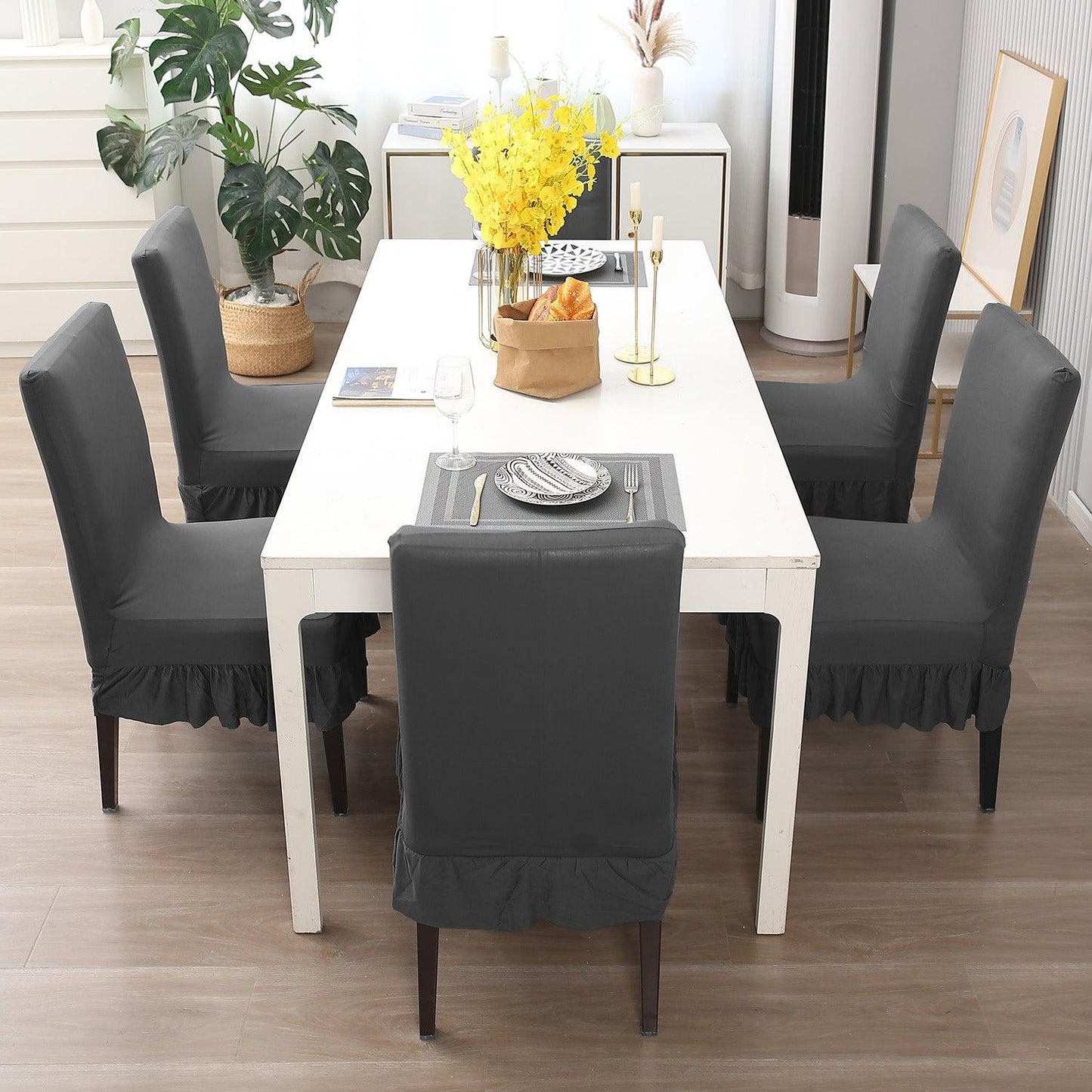 Elastic Stretchable Dining Chair Cover with Frill, Fossil Grey - HOKIPO | Har Ghar ka Humsafar