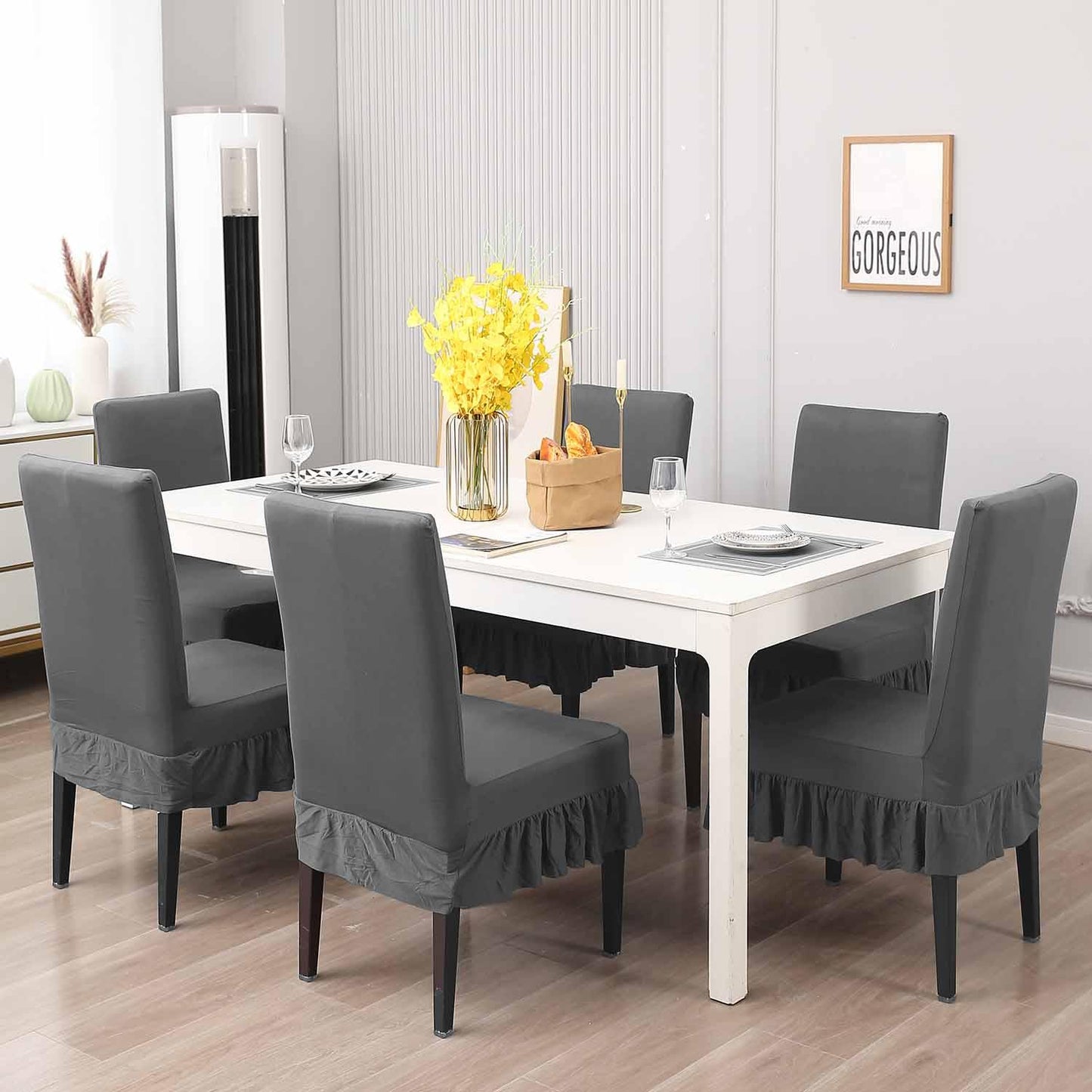 Elastic Stretchable Dining Chair Cover with Frill, Fossil Grey - HOKIPO | Har Ghar ka Humsafar