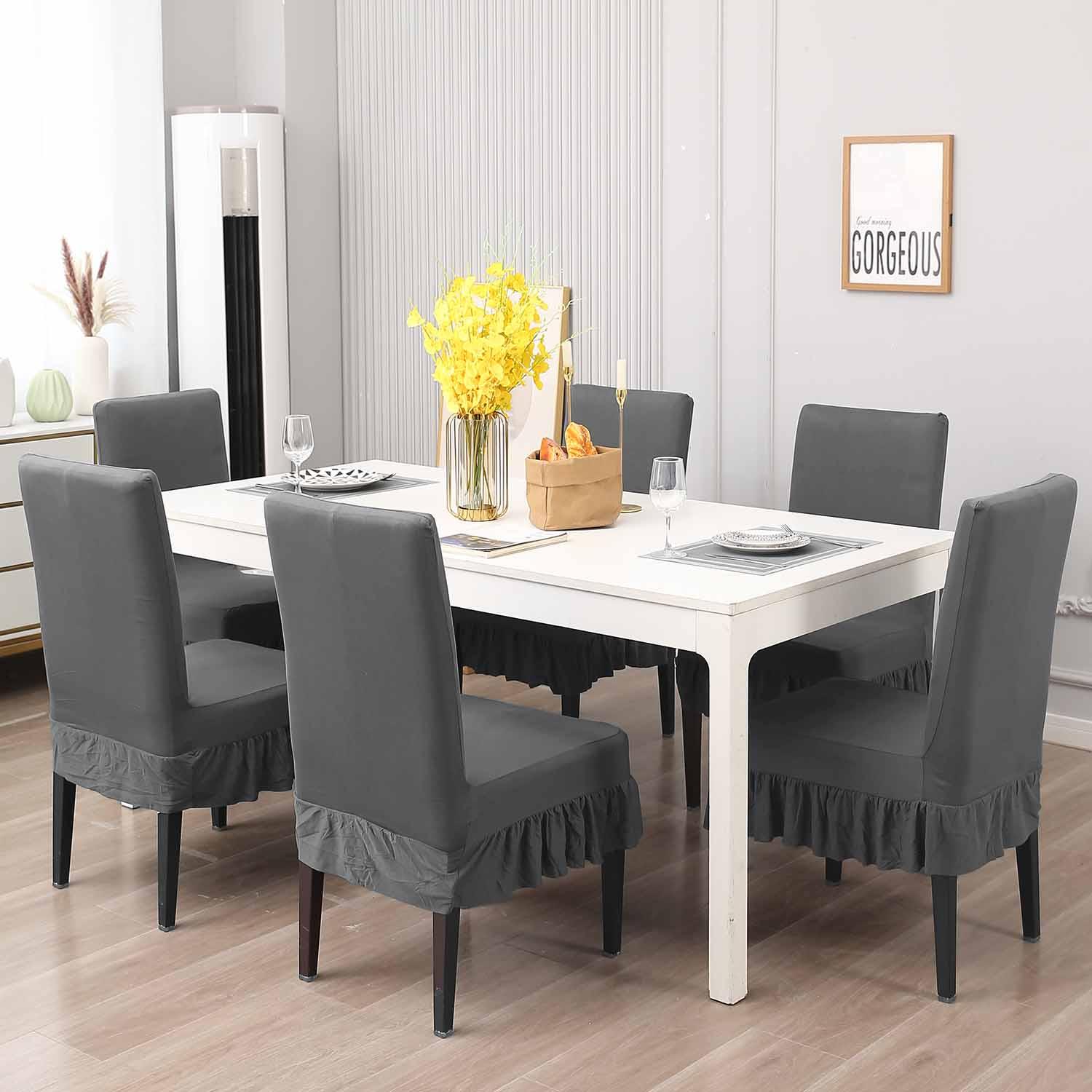 Elastic Stretchable Dining Chair Cover with Frill, Fossil Grey - HOKIPO | Har Ghar ka Humsafar