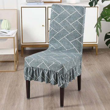Elastic Stretchable Dining Chair Cover with Frill, Green Vertical Chevron - HOKIPO | Har Ghar ka Humsafar