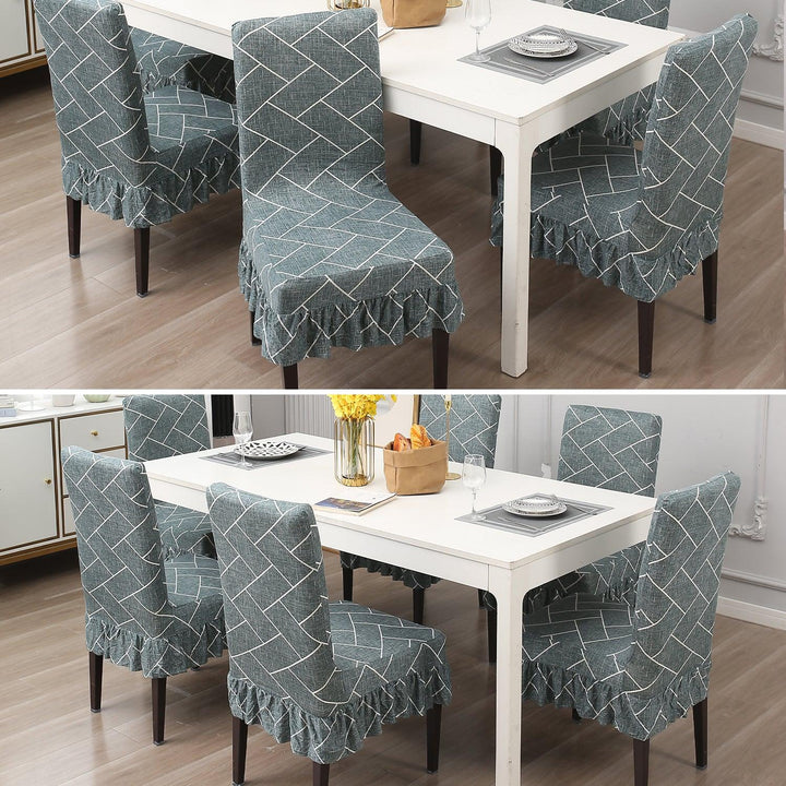 Elastic Stretchable Dining Chair Cover with Frill, Green Vertical Chevron - HOKIPO | Har Ghar ka Humsafar