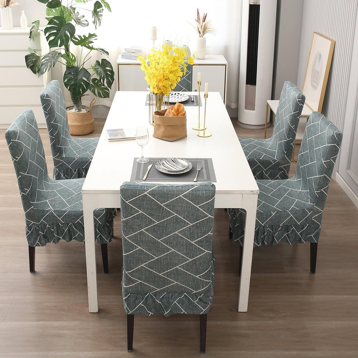 Buy Green Vertical Chevron Dining Chair Cover with Frill - Set Of 1/2/4/6 | HOKIPO