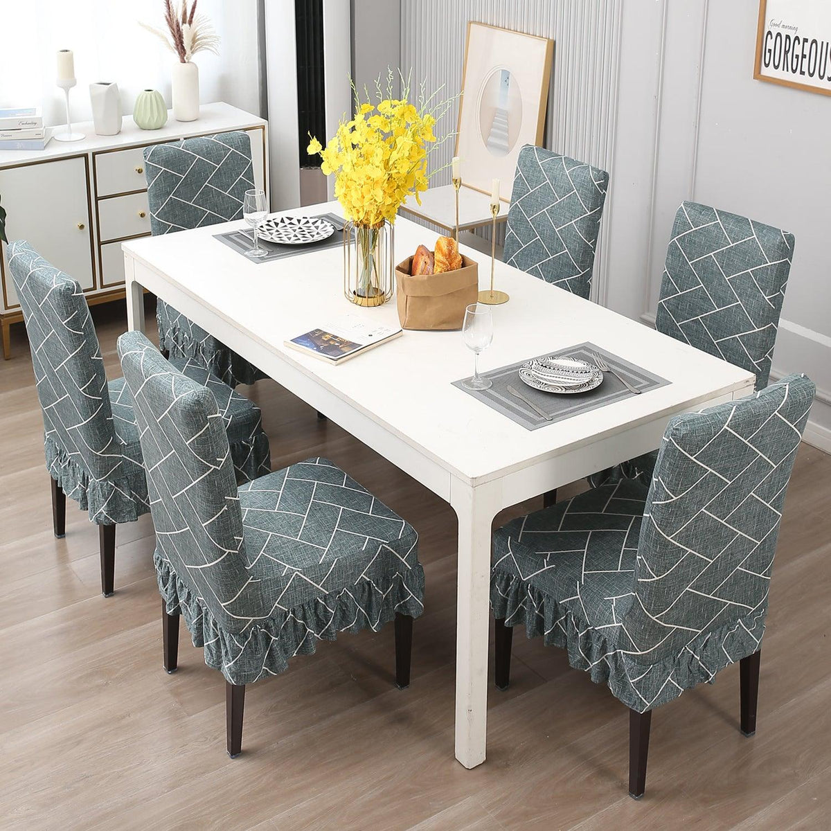 Buy Green Vertical Chevron Dining Chair Cover Set with Frill | HOKIPO