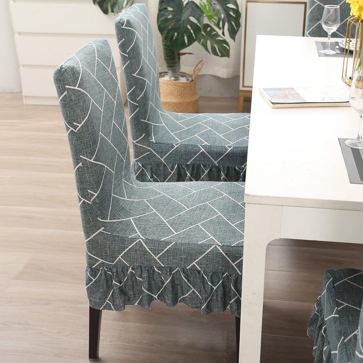 Buy Green Vertical Chevron Dining Chair Cover  Sets with Frill  | HOKIPO