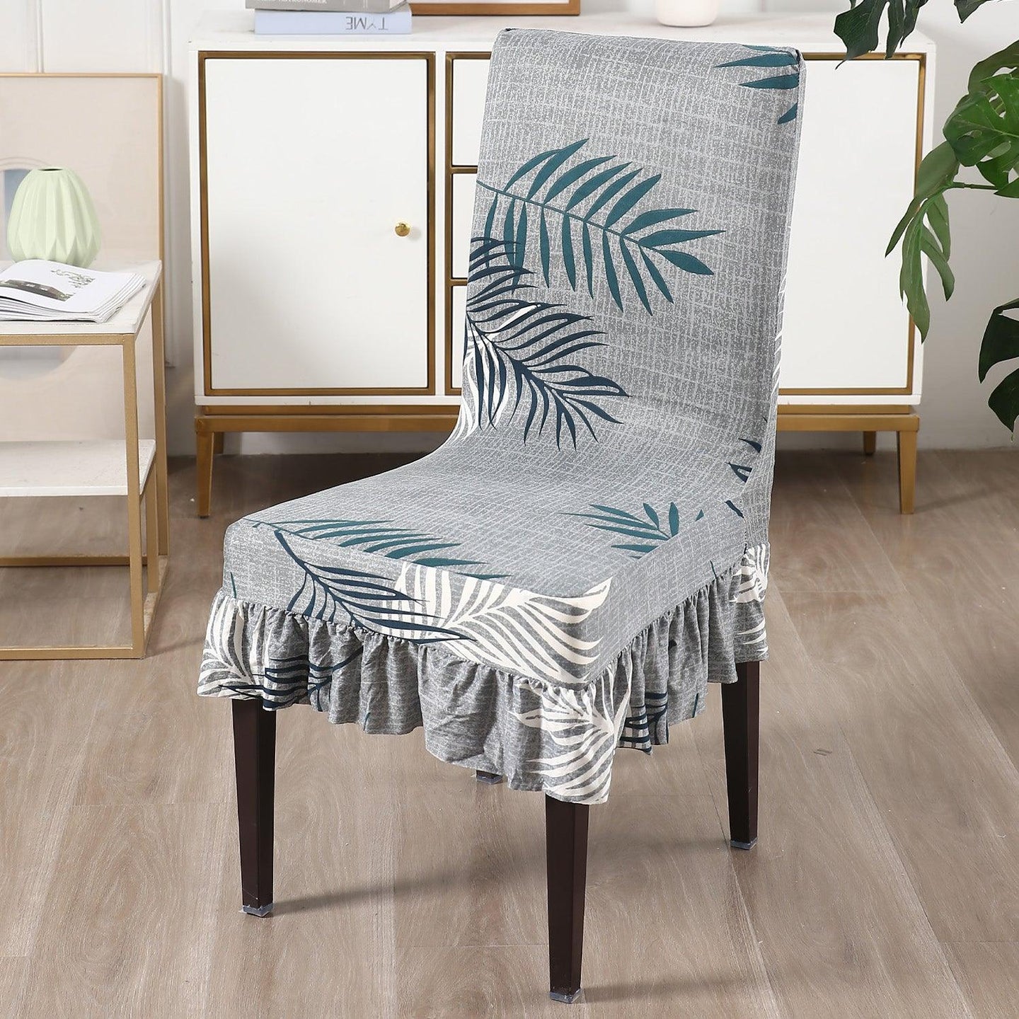 Elastic Stretchable Dining Chair Cover with Frill, Grey Leaves - HOKIPO | Har Ghar ka Humsafar