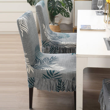 Elastic Stretchable Dining Chair Cover with Frill, Grey Leaves - HOKIPO | Har Ghar ka Humsafar