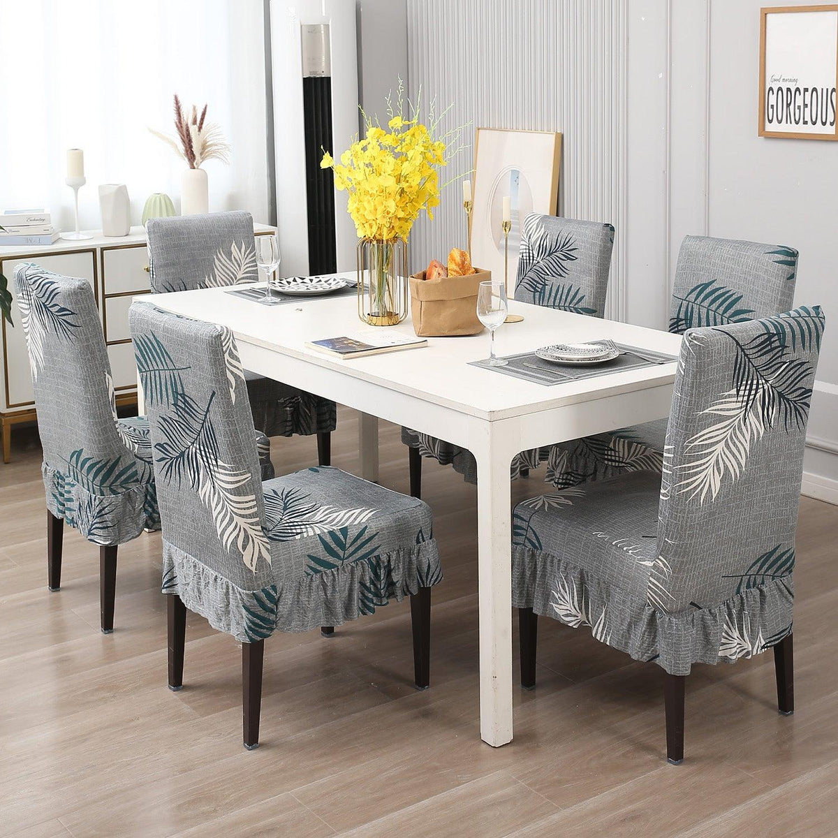 Buy Grey Leaves Frill Dining Table Chair Cover Set | HOKIPO