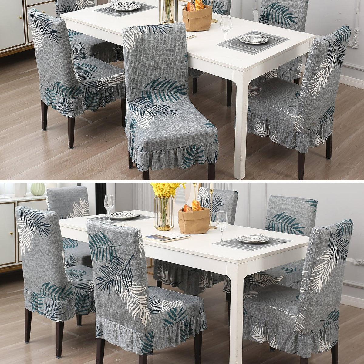 Buy Grey Leaves Stretchable Frill Dining Chair Cover Set At HOKIPO