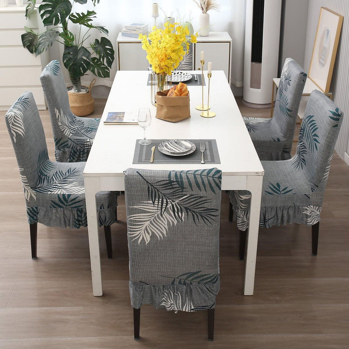 Buy Grey Leaves Frill Dining Chair Cover - Set Of 1/2/4/6