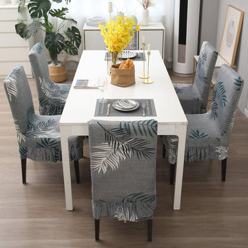 Elastic Stretchable Dining Chair Cover with Frill, Grey Leaves - HOKIPO | Har Ghar ka Humsafar