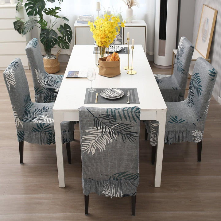 Elastic Stretchable Dining Chair Cover with Frill, Grey Leaves - HOKIPO | Har Ghar ka Humsafar