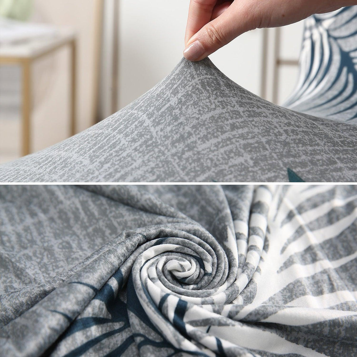 Buy Grey Leaves Stretchable Frill Dining Chair Cover | HOKIPO