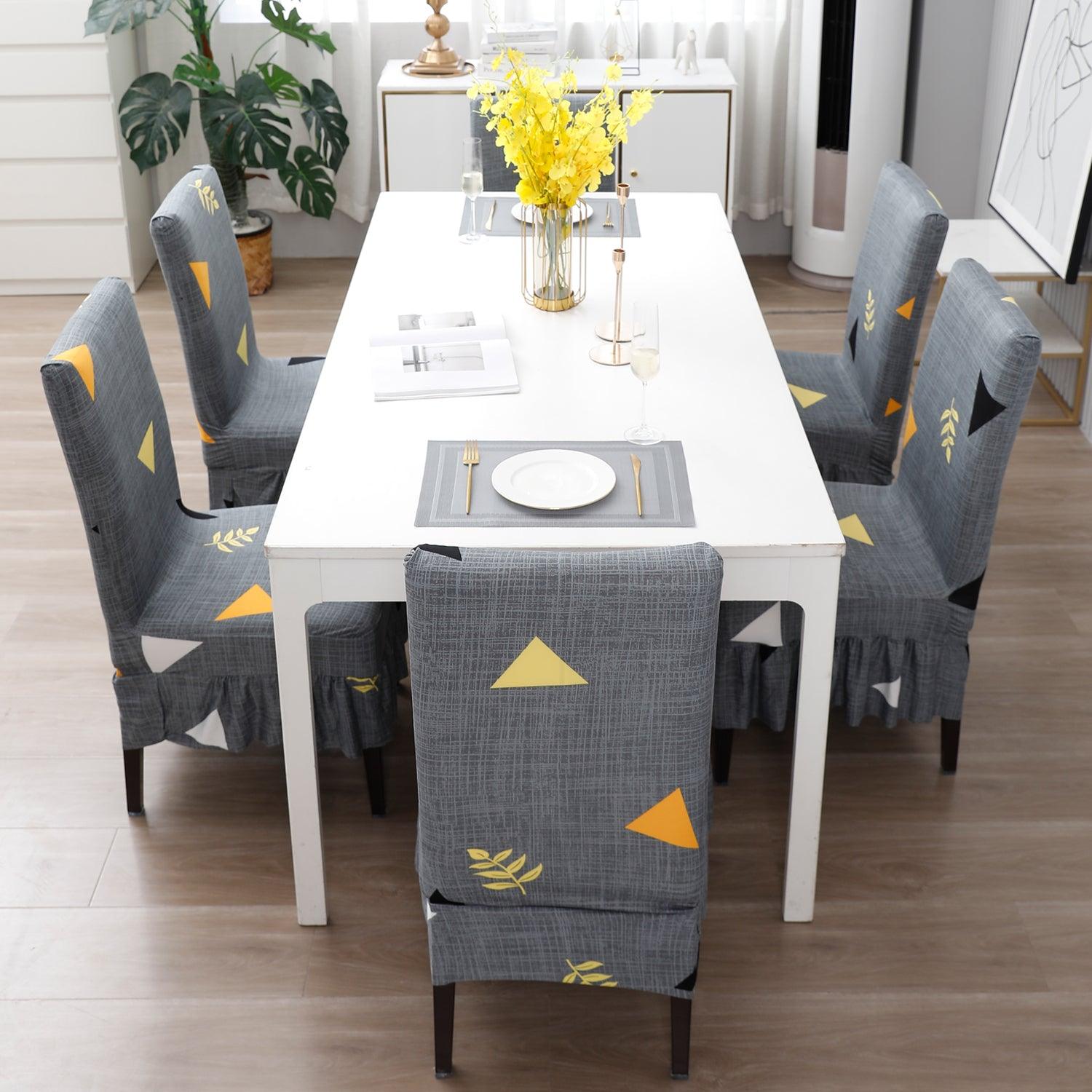 Elastic Stretchable Dining Chair Cover with Frill, Grey Triangle - HOKIPO | Har Ghar ka Humsafar