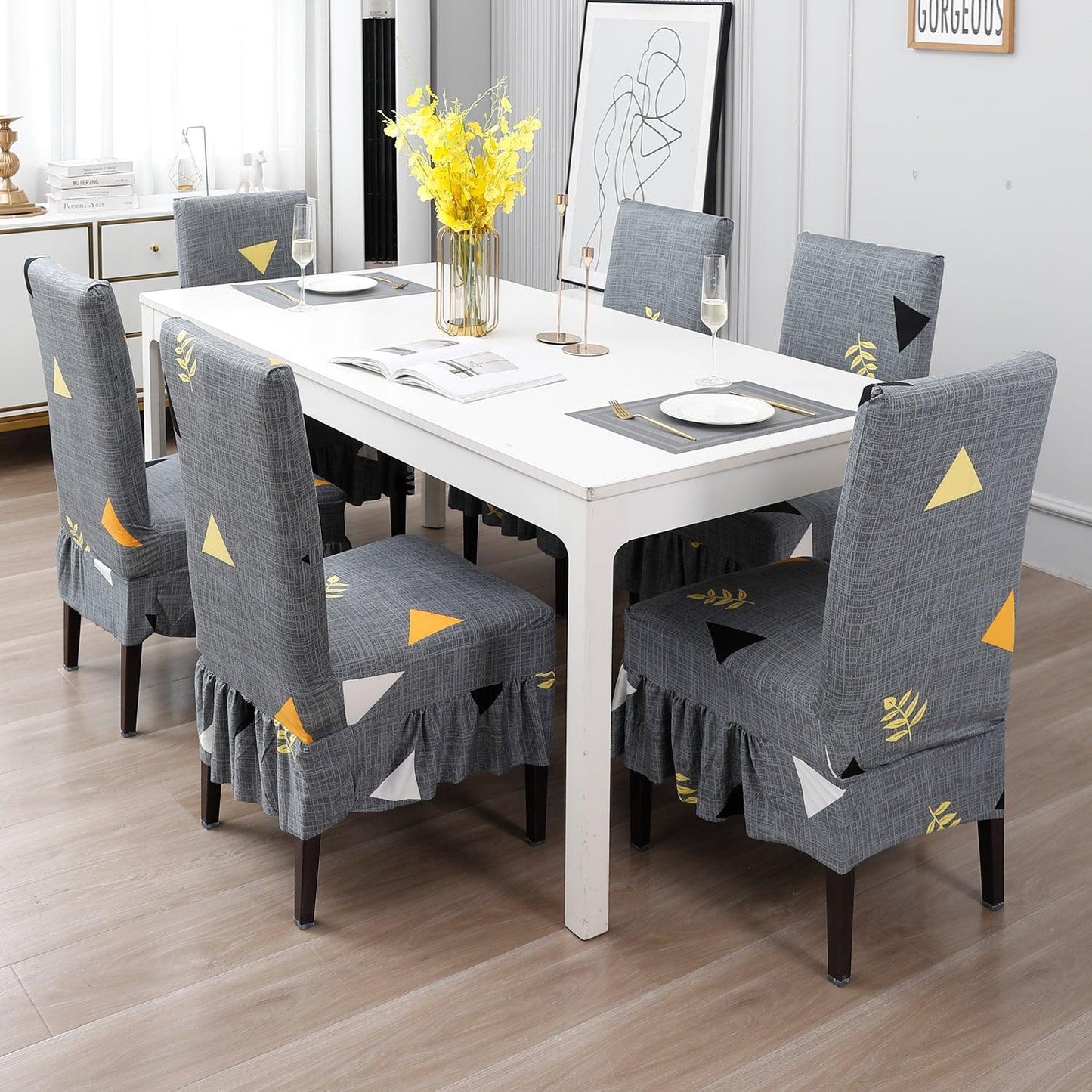 Elastic Stretchable Dining Chair Cover with Frill, Grey Triangle - HOKIPO | Har Ghar ka Humsafar