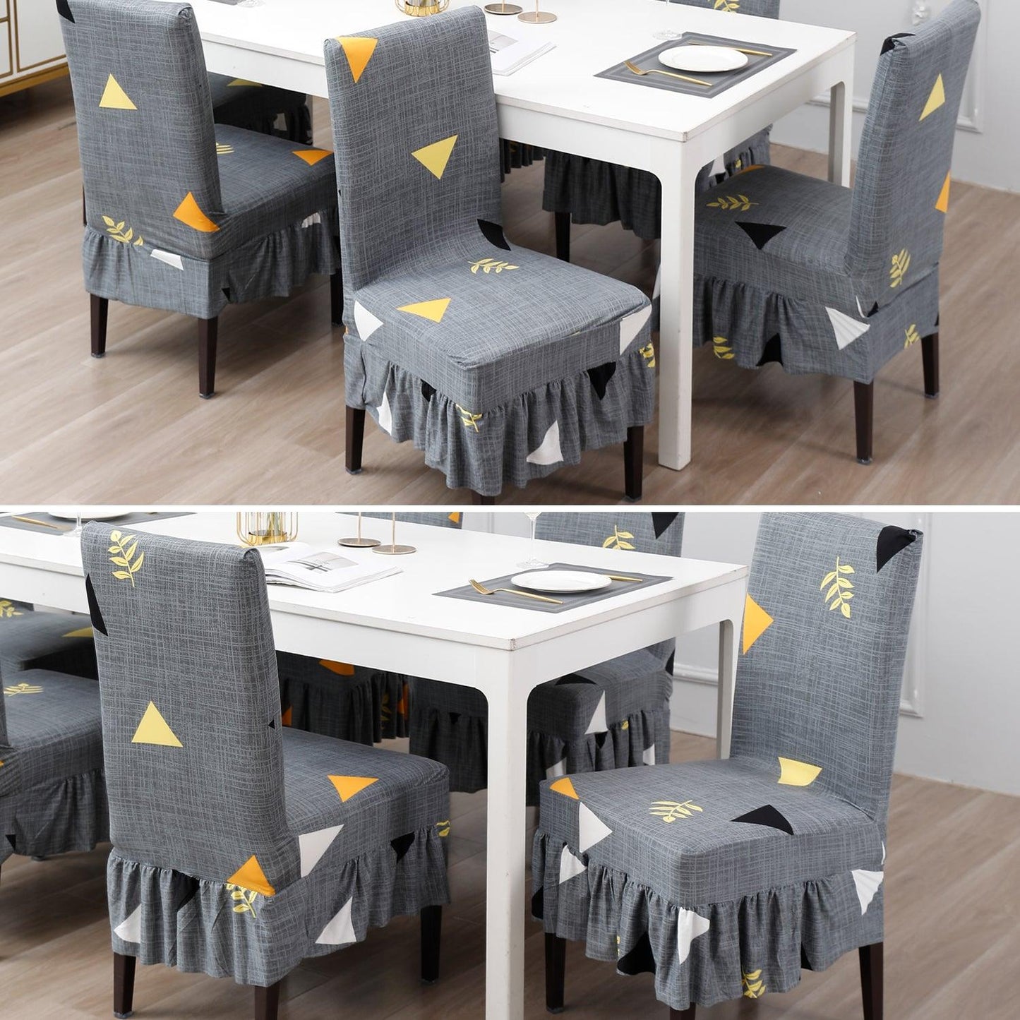 Elastic Stretchable Dining Chair Cover with Frill, Grey Triangle - HOKIPO | Har Ghar ka Humsafar