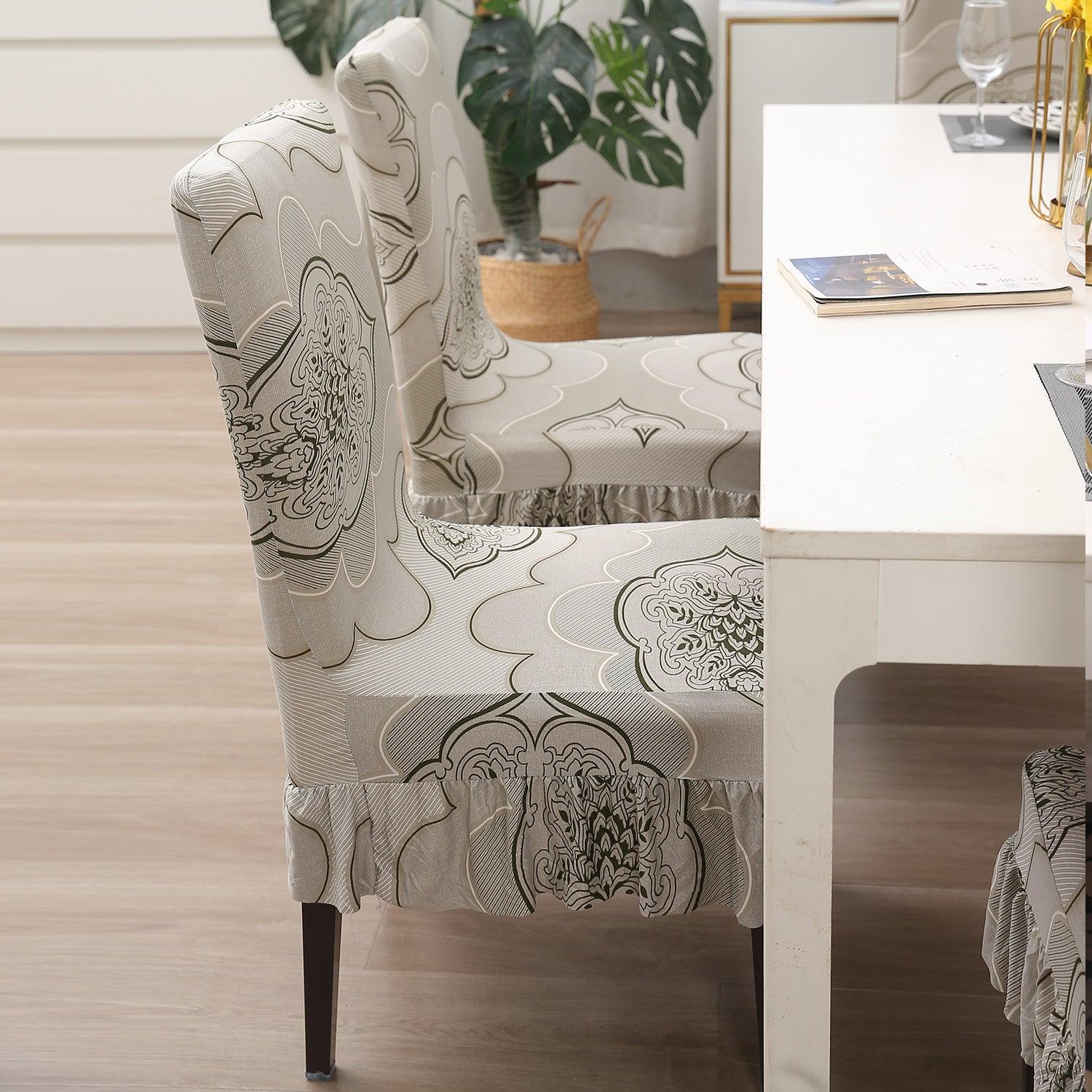 Elastic Stretchable Dining Chair Cover with Frill, Ivory Moroccan Floral - HOKIPO | Har Ghar ka Humsafar