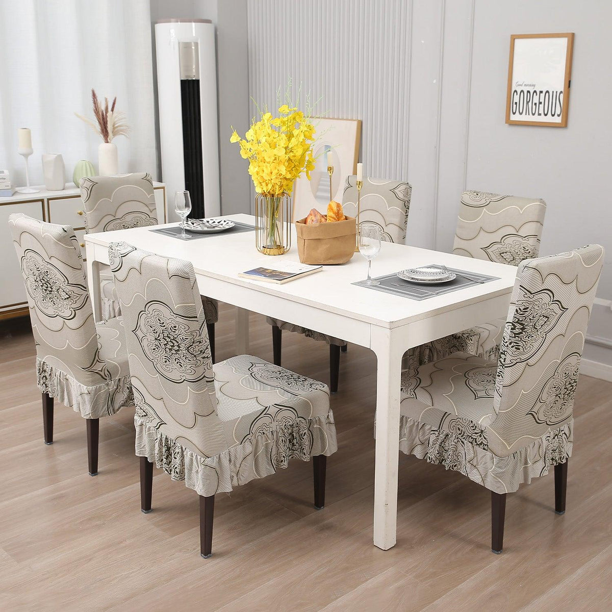 Buy Ivory Moroccan Floral Dining Chair Cover Set With Frill | HOKIPO