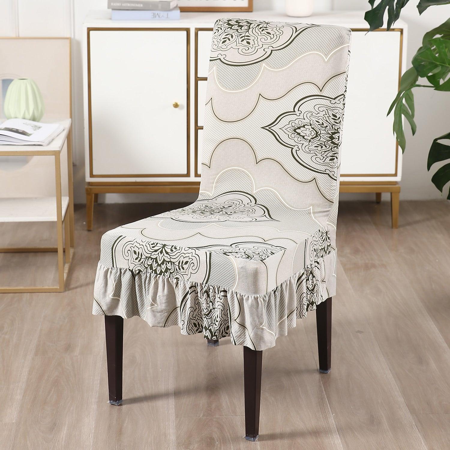 Elastic Stretchable Dining Chair Cover with Frill, Ivory Moroccan Floral - HOKIPO | Har Ghar ka Humsafar